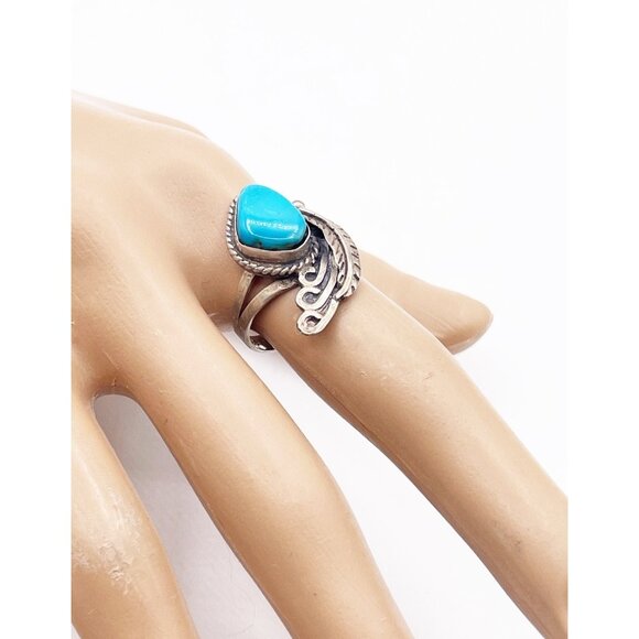 Vintage Mexican Plata 925 Sterling Silver Turquoise Leaf Statement Ring Size 7 - Picture 1 of 11